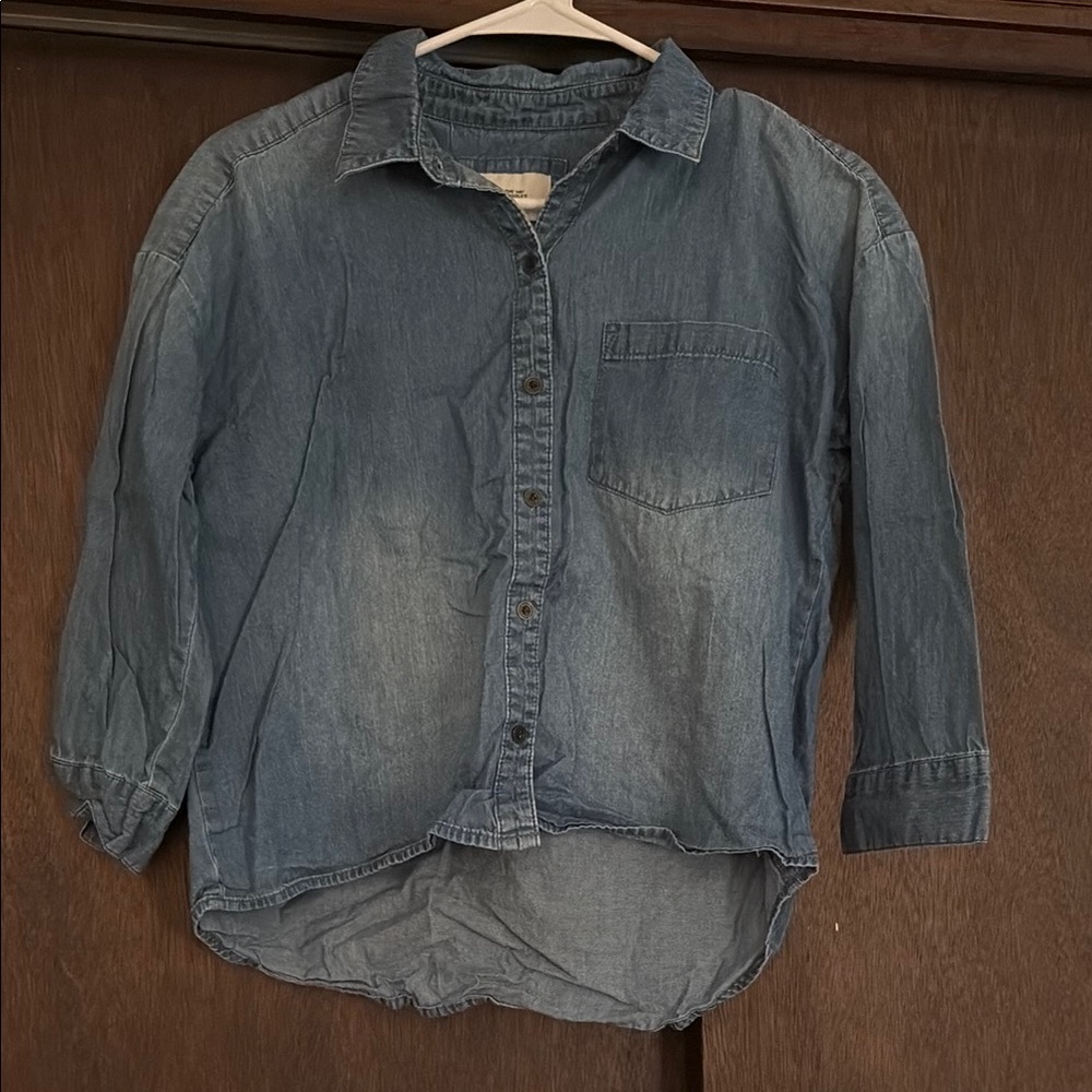 Denim Button-Up Shirt, 3/4 sleeves